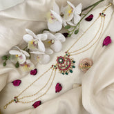 Vriksham Antique Floral Kundan Jadau Sheeshphool-Red Green-Green Bead-J2783